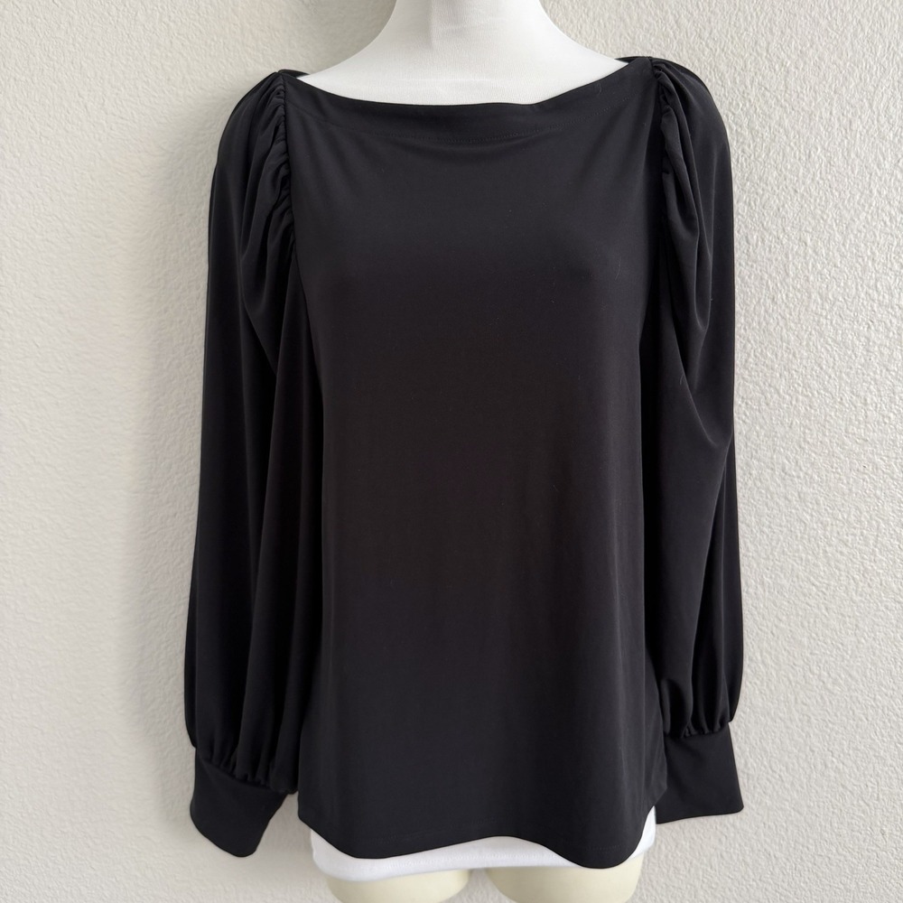 Ann Taylor Women's Medium Top Black Blouse Glam Quiet Luxury Puff Ruched Sleeve